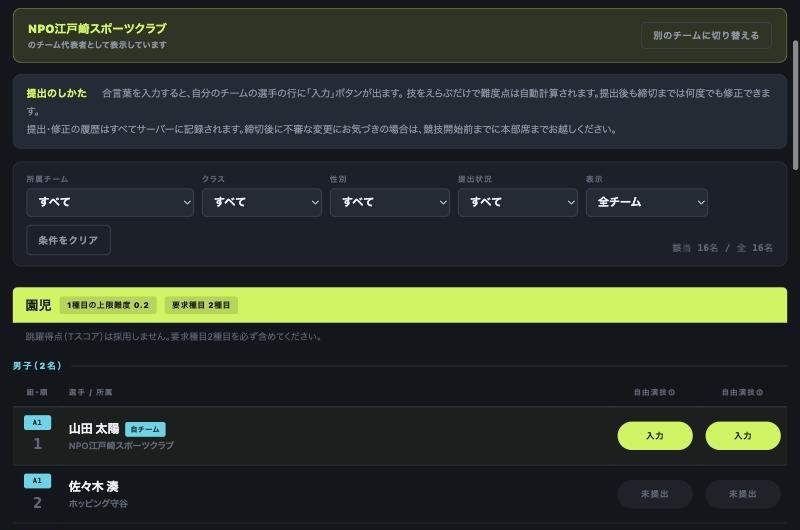 自分のチームの選手の行に「入力」ボタンが出ている選手一覧